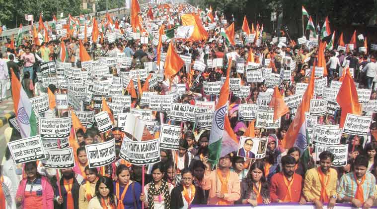 ABVP supporters march from Ramlila Maidan to Jantar Mantar Wednesday. (Source: PTI)