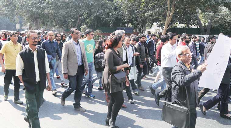 Journalists participate in the march Tuesday. (Express Photo Renuka Puri)