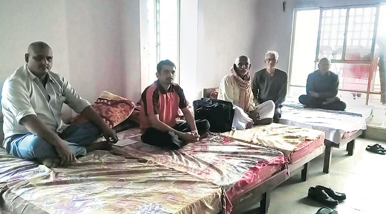 Kanhaiya’s brother (in red shirt), relatives, villagers at CPI office in Delhi Saturday.  Sweta Dutta