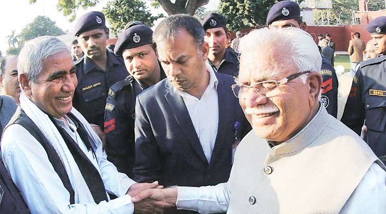 Haryana CM Manohar Lal Khattar with Jat leaders in Chandigarh on Wednesday. (Express Photo)