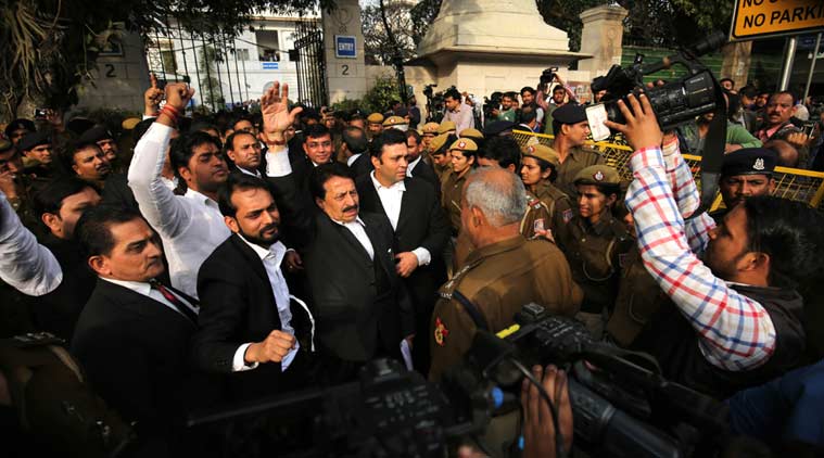 Lawyers outside the Patiala house court after attack on journalists during JNUSU president Kanhaiya Kumar produce, in New Delhi on Feb 15th 2016. (Express photo by Ravi Kanojia)