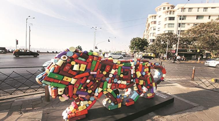 Lion's logos, as apart of branding exercise of Making in India event, were istalled at Seven locations across city including one at Marine Drive, Mumbai. Express photo by Vasant Prabhu, 24022016.