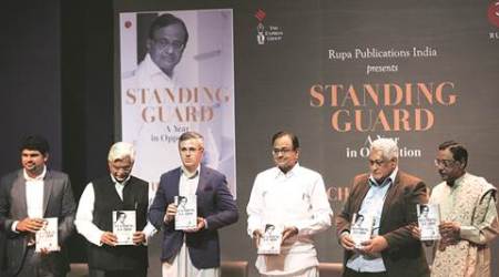 Former Finance Minister P Chidambram with J & K National Conference Working President Omar Abdullah, JD(U) member and Author Pavan K Verma, social scientist Shiv Visvanathan, Anant Goenka and Sanjay Baru at the release of his book "Standing Guard - A Year in Opposition" at a function in New Delhi on Friday. Pic By- Neeraj Priyadarshi 260216