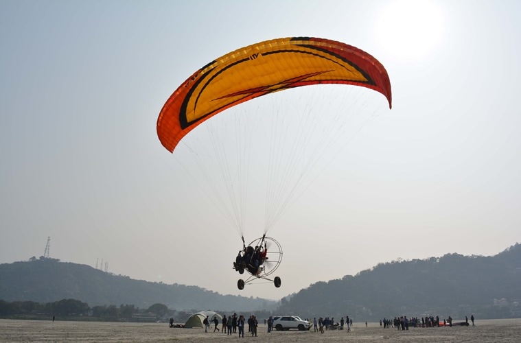 Paramotoring over the mighty river Brahmaputra at Rongali Festival in Assam. (Photo: IANS)