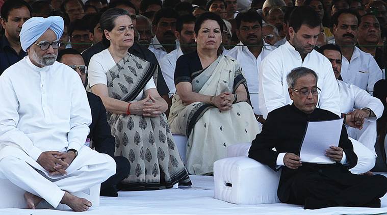 President Pranab Mukherjee, Acting prime Minister Manmohan Singh, Congress President Sonia Gandhi along with Rahul Gandhi and Priyanka Gandhi paying homage at Veer Bhumi on the occassion of Rajiv Gandhi's death anniversary in New Delhi on Wednesday. Express Photo by Anil Sharma.