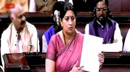 New Delhi: HRD Minister Smriti Irani speaks in the Rajya Sabha in New Delhi on Thursday. PTI Photo / TV GRAB (PTI2_25_2016_000261B)