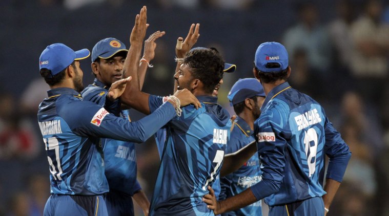 Sri Lanka cricket player Dasun Shanaka celebrates during the first T20 match between India and Sri Lanka in Pune, India, Tuesday, Feb 9, 2016. (AP Photo/Rajanish Kakade)