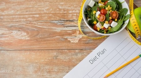 close up of diet plan and food on table
