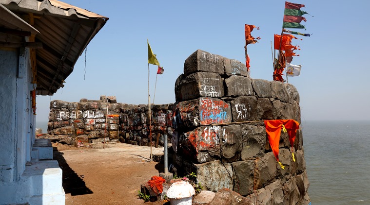 Vithoba temple, on the periphery, its stone walls defaced by graffiti. (Express photo by Amit Chakravarty)