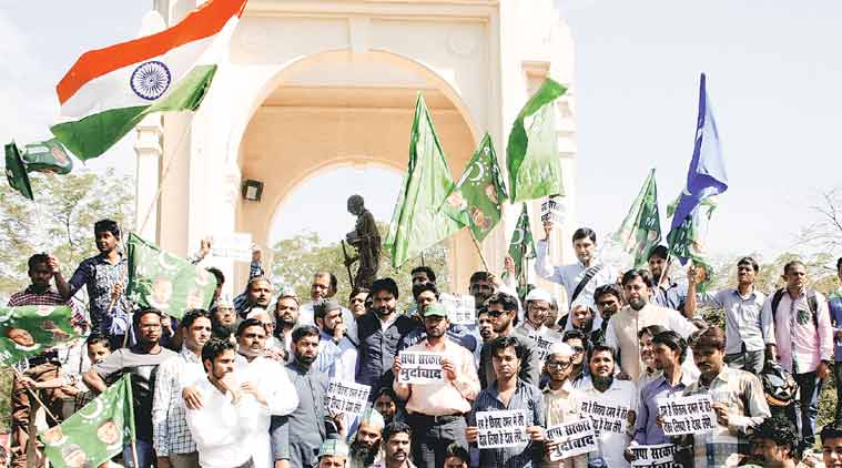 AIMIM supporters protest against ban on Owaisi visit in Lucknow. (Express Photo: Vishal Srivastav)