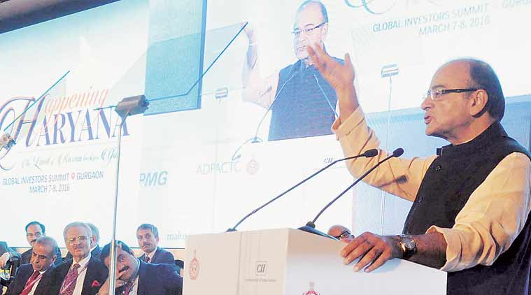 Finance Minister Arun Jaitley at Happening Haryana Global Investors Summit 2016 in Gurgaon on Monday. (Express Photo: Manoj Kumar)