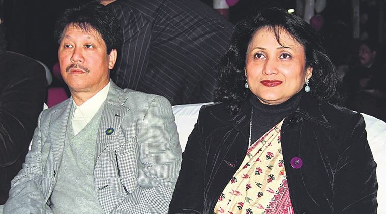 Assam Cultural Minister Bharat Chandra Narah with wife Rani Narah who is contesting from Lakhimpur *** Local Caption *** Bharat Narah, Assam Cultural Minister and Ranee Narah - MP candidate form Lakhimpur LS of Assam..Photo: SUBHAMOY BHATTACHARJEE
