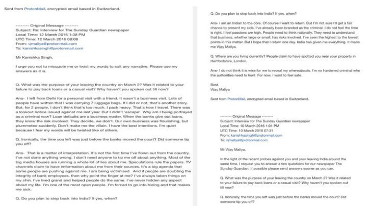 The email trail of the Sunday Guardian interview with Vijay Mallya (Courtesy of Sunday Guardian)