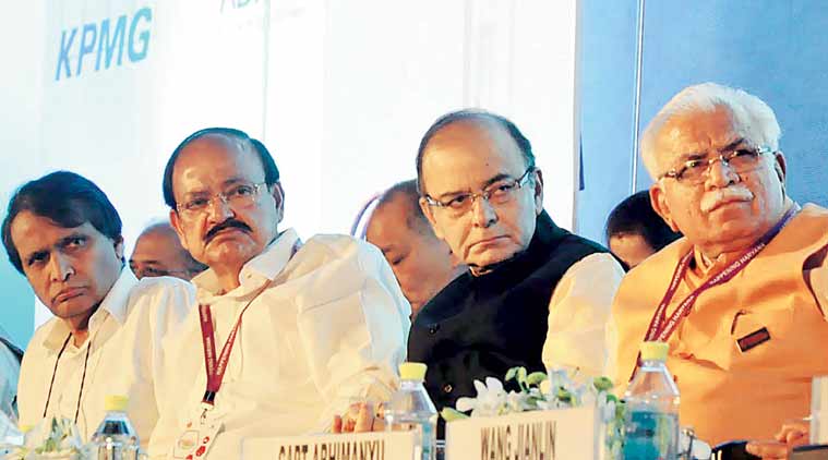 Union Ministers Suresh Prabhu, Venkaiah Naidu and Arun Jaitley with Haryana CM Manohar Lal in Gurgaon. (Express Photo: Manoj Kumar)