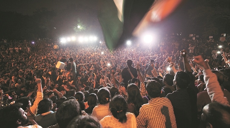 JNUSU President Kanhaiya Kumar adddressing a gathering at the campus on Thursday night. Express photo by Oinam Anand. 03 March 2016