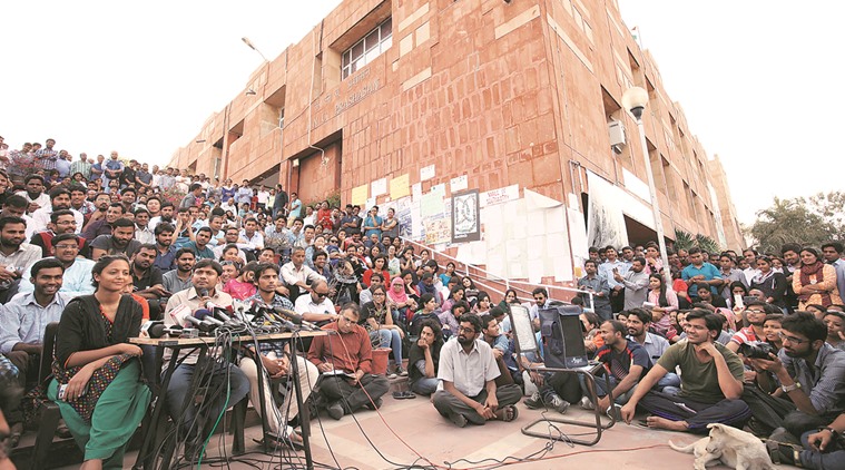 JNUSU President Kanhaiya Kumar addresses a press conference outside the administration block Friday. Oinam Anand