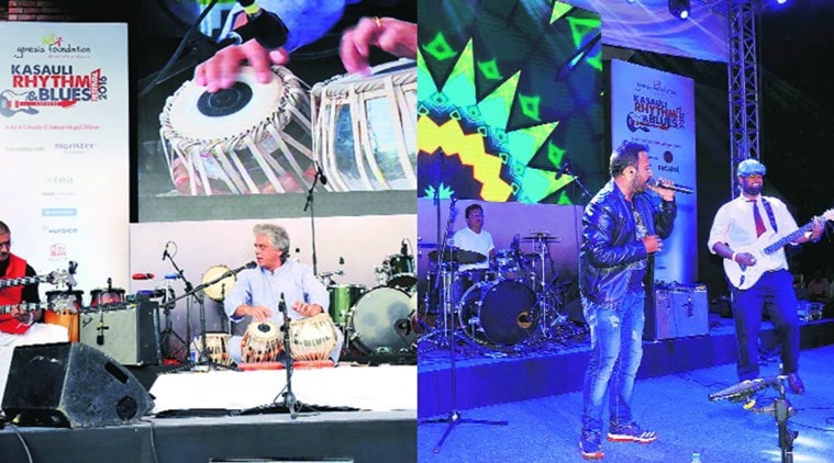 Guitarist Ravi Iyer, tabla maestro Ustad Fazal Qureshi and sitarist pandit Ravi Chary (left) and Mihir Joshi Band perform on the first day of Kasauli Rhythm & Blues Festival on Friday. Express photo
