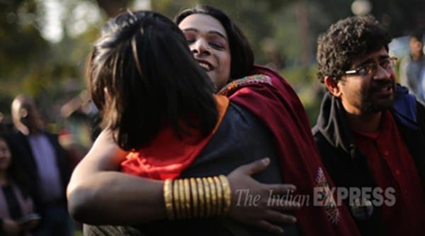 LGBT rights activist hug each other after Supreme Court referred the section 377 curative petition to a five judge Constitution Bench for further examination on Tuesday. Express photo by Oinam Anand. 02 February 2016