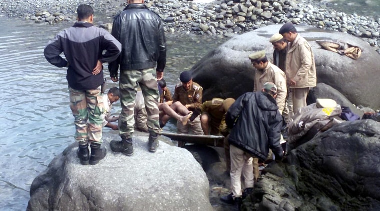 Police search of bodies of Indian Air Force (IAF) personnel at Ravi river near Chamba on Sunday. Express photo.