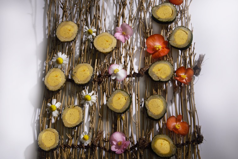 Mithai ki maki stars nolen gur (date palm jaggery) ice cream, pistachio cake, sesame and almond crunch.