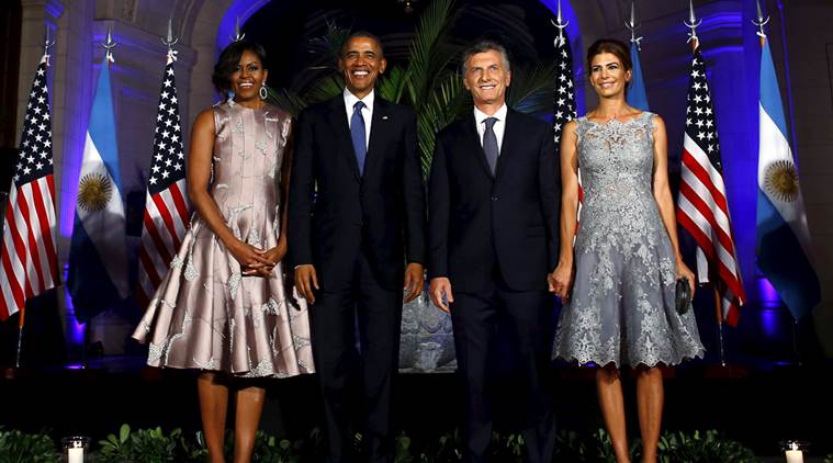 U.S. President Barack Obama (2nd L), Argentine President Mauricio Macri, U.S. first lady Michelle Obama (L) and Argentina's first lady Juliana Awada pose for a photo before a state dinner in Buenos Aires, March 23, 2016. REUTERS/Enrique Marcarian
