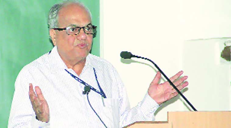 Indian Space Research Organisation professor R R Navalgund delivers a lecture at Panjab University in Chandigarh on Monday. Express