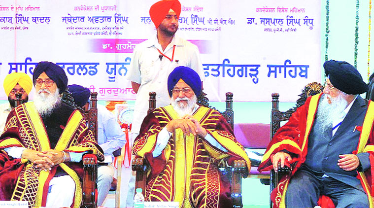 (From left) CM Parkash Singh Badal, President SGPC Avtar Singh and V-C Dr Gurmohan Singh Walia at Sri Guru Granth Sahib World University in Fatehgarh Sahib. Gurmeet Singh