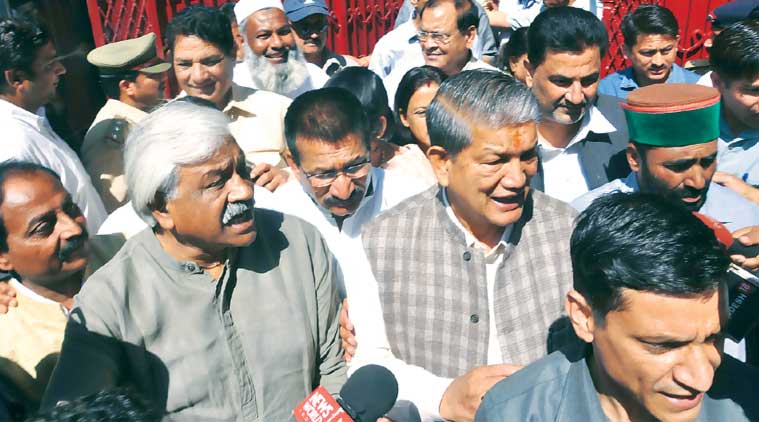 Rawat with 34 MLAs in Dehradun. (Express Photo: Virender Singh Negi)