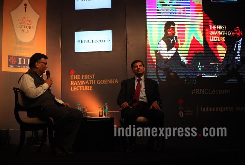 Ramanth Goenka lecture, RNG Lecture, Raghuram Rajan, RBI Governor Raghuram Rajan, Raghuram Rajan First RNG Lecture, Raghuram Rajan Ramanth Goenka Lecture, Dr Raghuram Rajan, Anant Goenka, Indian Express, Ramanth Goenka Lecture pics, RNG Lecture pics, RNG lecture Photos