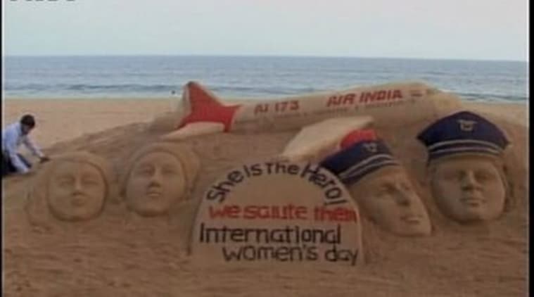 Air India, International women's day, Air India all women flight, Sand art air india, Sudarsan pattnaik, Sand art women's day
