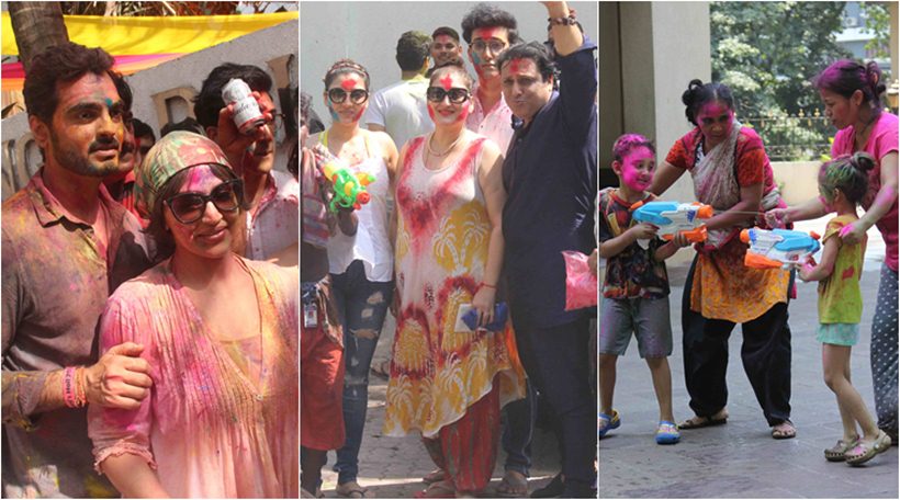 sanjay dutt, holi, bollywood holi, bollywood holi 2016, holi 2016, sanjay dutt kids, sanjay dutt kids holi, shahraan, iqra, govinda, govinda family, narmada, sunita, esha deol, bharat takhtani, entertainment