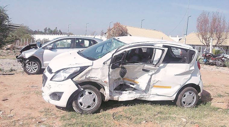 Damaged vehicles parked at IT park police station after accident near Railway Light Point on Wednesday late night, April 21 2016. Express photo