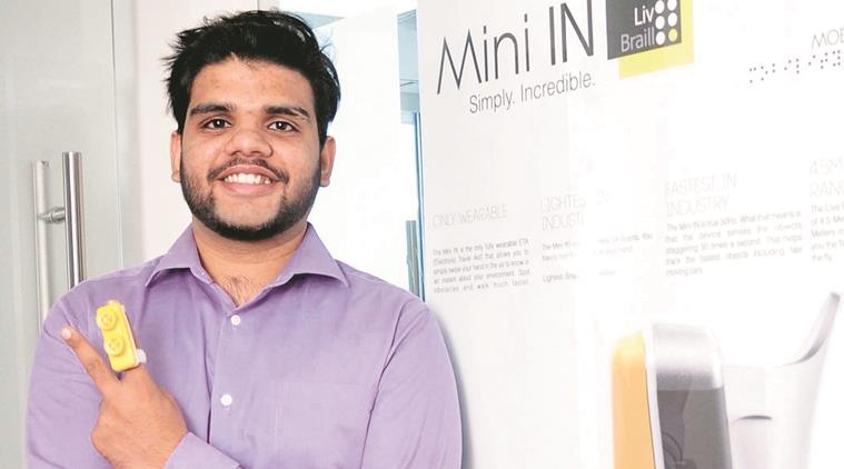 Abhinav Verma with his device for Blinds at Live Braille Wearable Solutions in Industrail Area Phase 1 Chandigarh. Express Photo by Sahil Walia