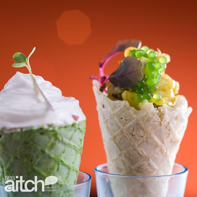 The Hat-Trick served at Chemistry 101 includes waffle masala dosa with mint chutney spheres, puttanesca sauce prawn mayo with tomato air, chicken fajita with dollop of sour cream and micro herbs.
