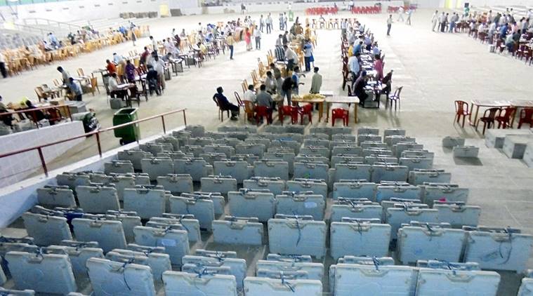 EVM machines lined up for inspection by officials at Amingaon in Kamrup district of Assam on Wednesday. (Source: PTI)