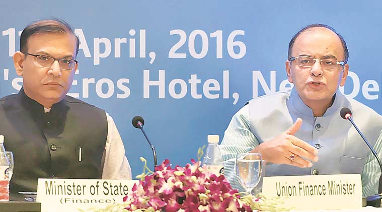 Finance Minister Arun Jaitley and MoS for Finance, Jayant Sinha during the second conference of the State Finance Secretaries, in New Delhi on Monday.   (Source: PTI)