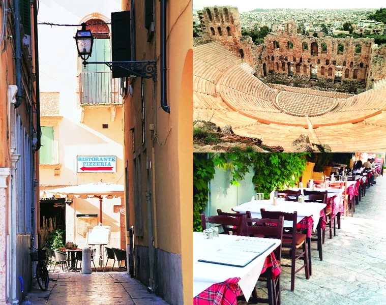 A pizzeria in Verona (L), the Acropolis (top right), a cafe in Athens’s Plaka quarters.