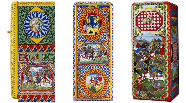 The fridges are painted with provincial symbols and medieval scenes.