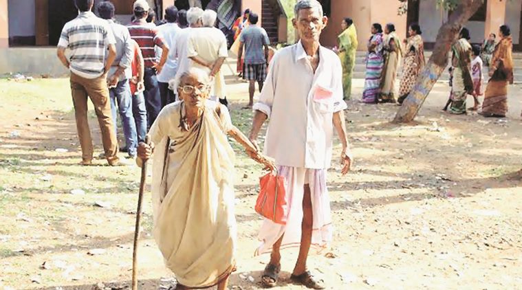 An elderly woman at a polling station in Bankura on Monday. PTI 