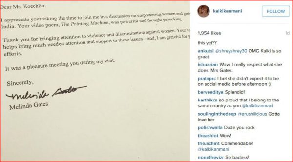 kalki koechlin finds an admirer in melinda gates receives letter of