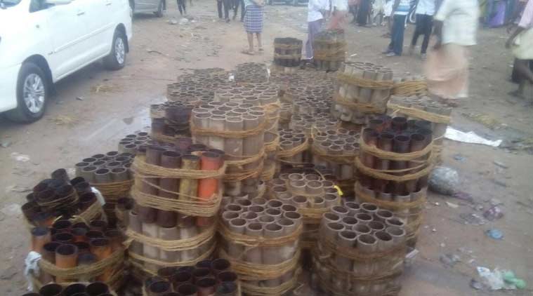 The explosion occurred on Sunday at a store room filled with crackers and pyrotechnic material during festivities at the Puttingal Devi temple at Paravoor near Kollam. (Source: Express photo)