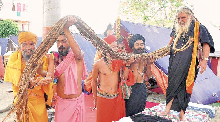 A sadhu flaunts 16-ft-long locks at the Kumbh Thursday. PTI