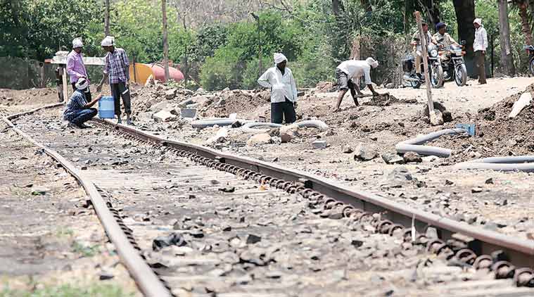 Pipeline being laid at Latur railway station. The idea is to cut down time taken in use of water tankers. (Express Photo by Pradip Das)