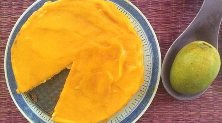 Cream cheese, vanilla, hung curd, eggs, mangoes and a pinch of salt make for a fine aamras cheesecake. You know the cheesecake is done when it’s slightly puffed and set and a little bit wobbly in the centre. (Photo: Bijal Vachharajani)