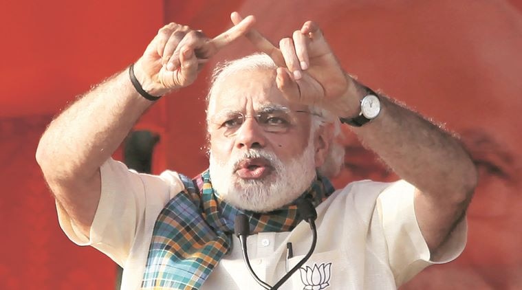 Prime Minister Narendra Modi at a BJP election campaign rally at Basirhat in North 24 Parganas on Thursday. Express photo by Subham Dutta. 21.04.16