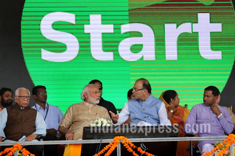 Narendra Modi, Narendra Modi e-rickshaw, Modi ride e-rickshaw, modi e-rickshaw ride, Stand up India, Stand India launch Pics, Narendra Modi pics, Modi pics, modi e-rickshaw pics, India news, Arun Jaitley, Jayant Sinha, Ram naik