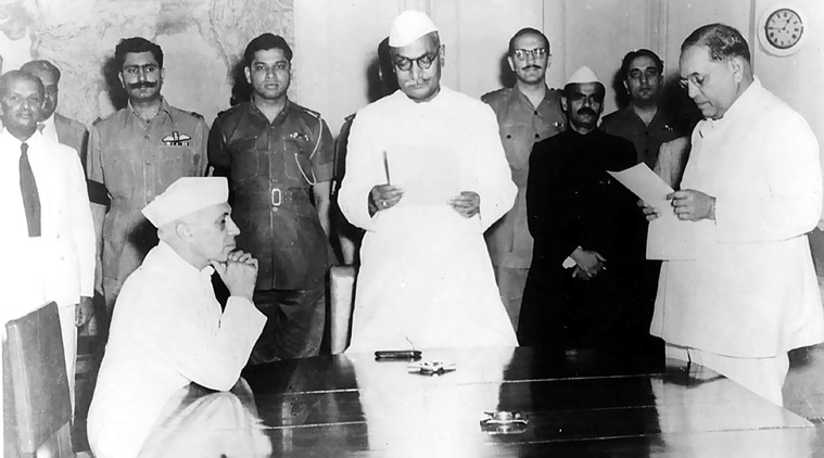 BR Ambedkar being administered the oath of office by President Rajendra Prasad in the presence of Jawahar Lal Nehru, 1947