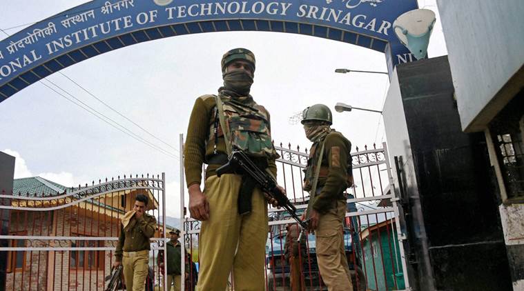 Srinagar: Police and CRPF deployed at National Institute of Technology (NIT) following tension between local and non-local students in Srinagar on Friday. PTI Photo by S Irfan(PTI4_8_2016_000234A)