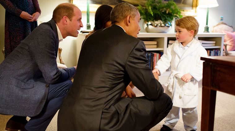 Handout photo issued by Kensington Palace of Prince George (right) meeting the President of the United States Barack Obama (centre) and First Lady Michelle Obama (behind) at Kensington Palace, London, with Britain's Prince William Friday April 22, 2016. Kensington Palace/Pete Souza/White House Photographer/PA Wire/Handout via ReutersATTENTION EDITORS - THIS IMAGE WAS PROVIDED BY A THIRD PARTY. EDITORIAL USE ONLY. NO RESALES. NO ARCHIVES. TPX IMAGES OF THE DAY