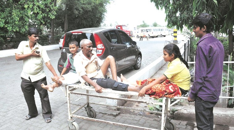 Three patients being carried on a stretcher at the PCMC-run YCM hospital which is under scanner over a botched-up operation in January. Express photo